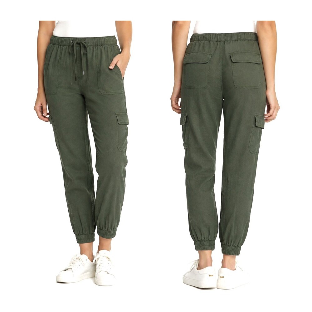 Nicole Miller Linen Cargo Jogger Pants Womens L Olive Green Utility Pull On